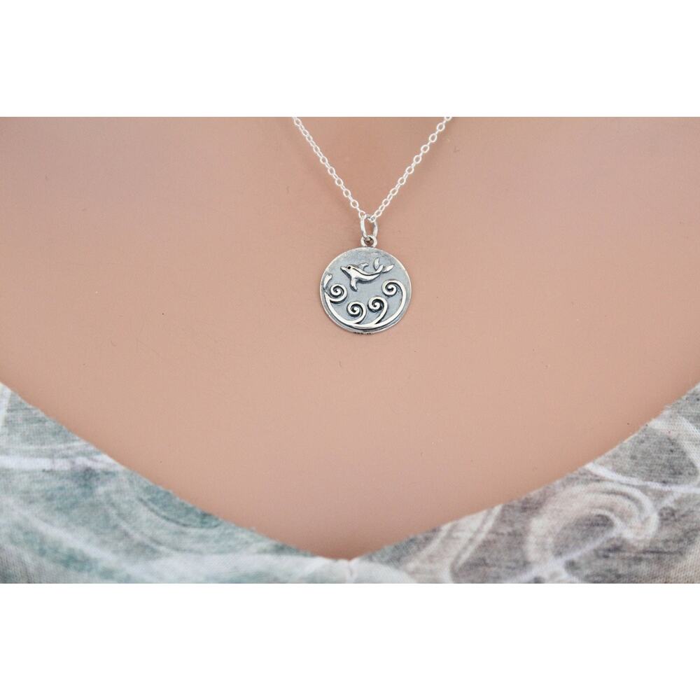 Sterling Silver Dolphin Charm with Waves Necklace